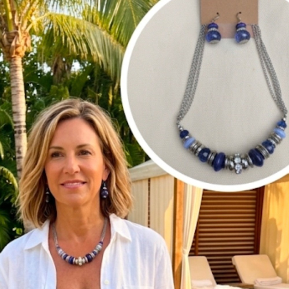 Blue Beaded Multi Strand Necklace and Matching Drop Earring Set Silver Tone